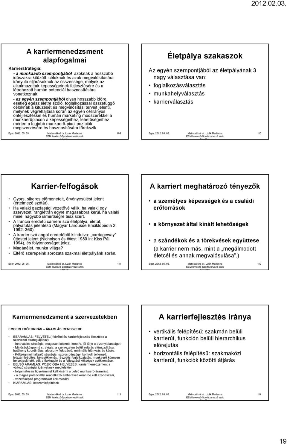 - az egyén szempontjából olyan hosszabb időre, esetleg egész életre szóló, foglalkozással összefüggő céloknak a kitűzését és megvalósítási terveit jelenti, melynek végrehajtása során az egyén