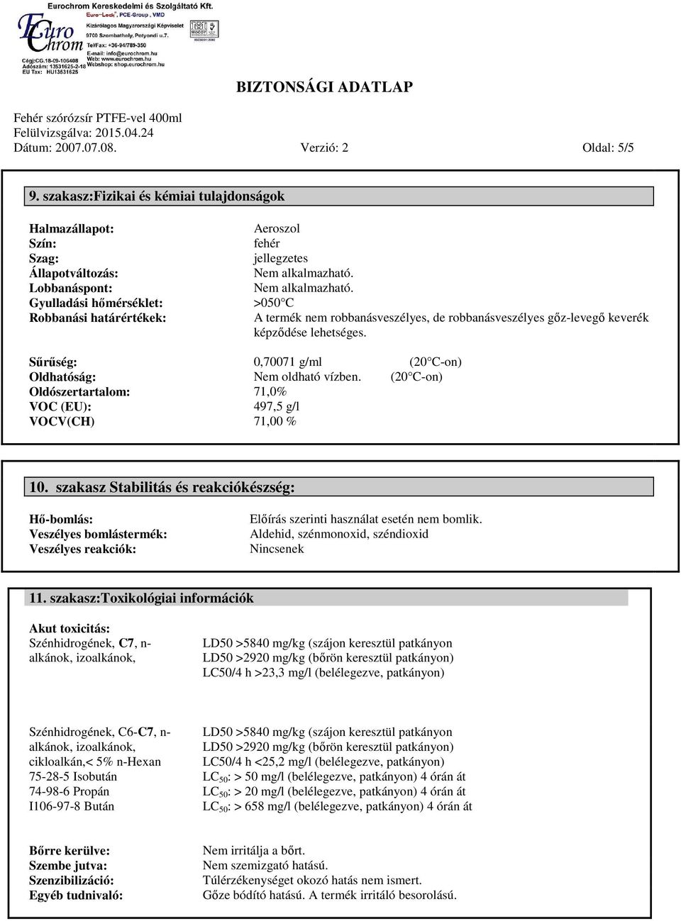 (20 C-on) Oldószertartalom: 71,0% VOC (EU): 497,5 g/l VOCV(CH) 71,00 % 10.