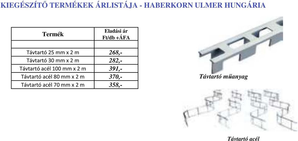 282,- Távtartó acél 100 mm x 2 m 391,- Távtartó acél 80 mm x 2
