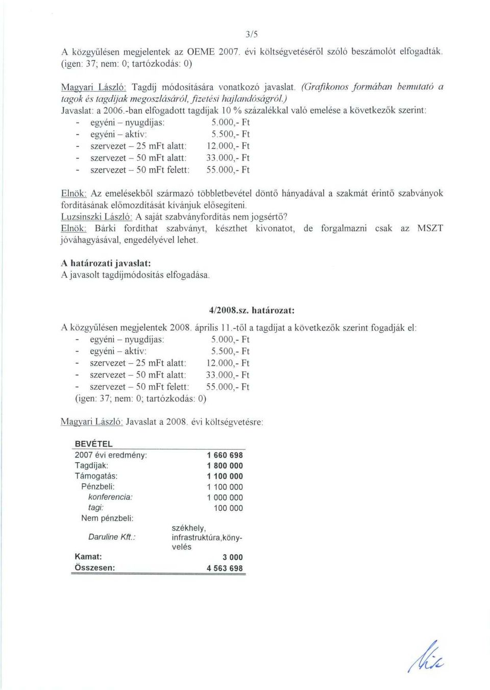 -ban elfogadott tagdíjak 10 % százalékkal való emelése a következ ők szerint : - egyéni nyugdíjas: 5.000,- Ft - egyéni aktív: 5.500,- Ft - szervezet 25 mft alatt: 12.