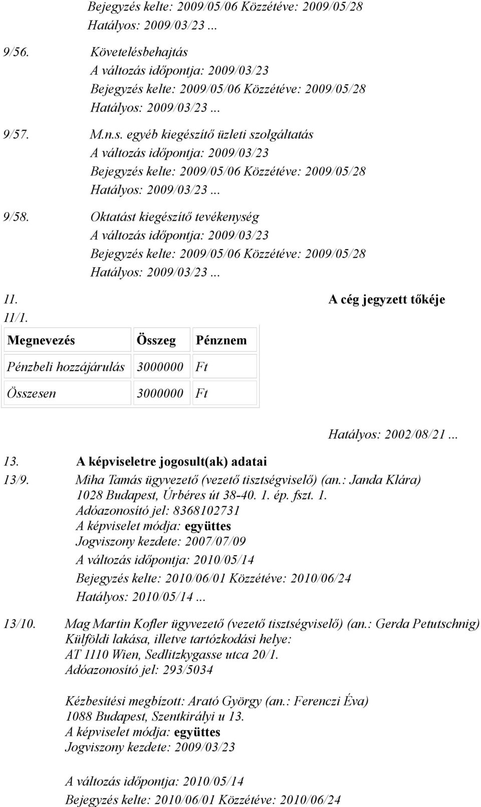 : Janda Klára) 1028 Budapest, Úrbéres út 38-40. 1. ép. fszt. 1. Adóazonosító jel: 8368102731 A képviselet módja: együttes Jogviszony kezdete: 2007/07/09 Hatályos: 2010/05/14... 13/10.