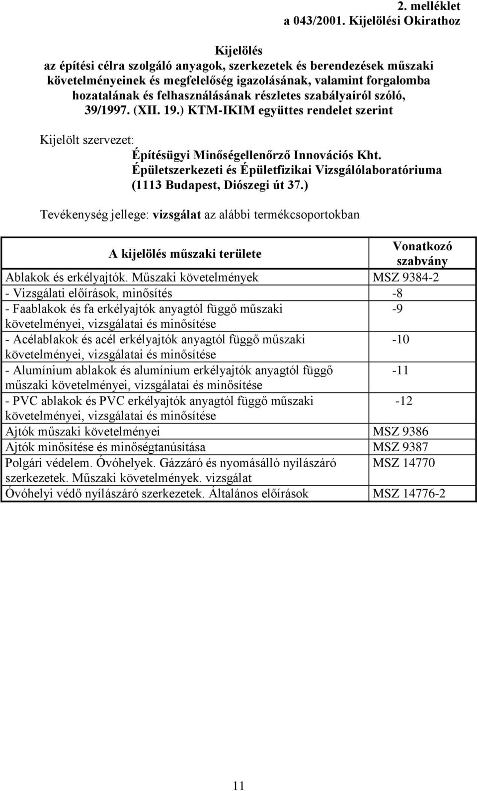 felhasználásának részletes szabályairól szóló, 39/1997. (XII. 19.) KTM-IKIM együttes rendelet szerint Kijelölt szervezet: Építésügyi Minőségellenőrző Innovációs Kht.