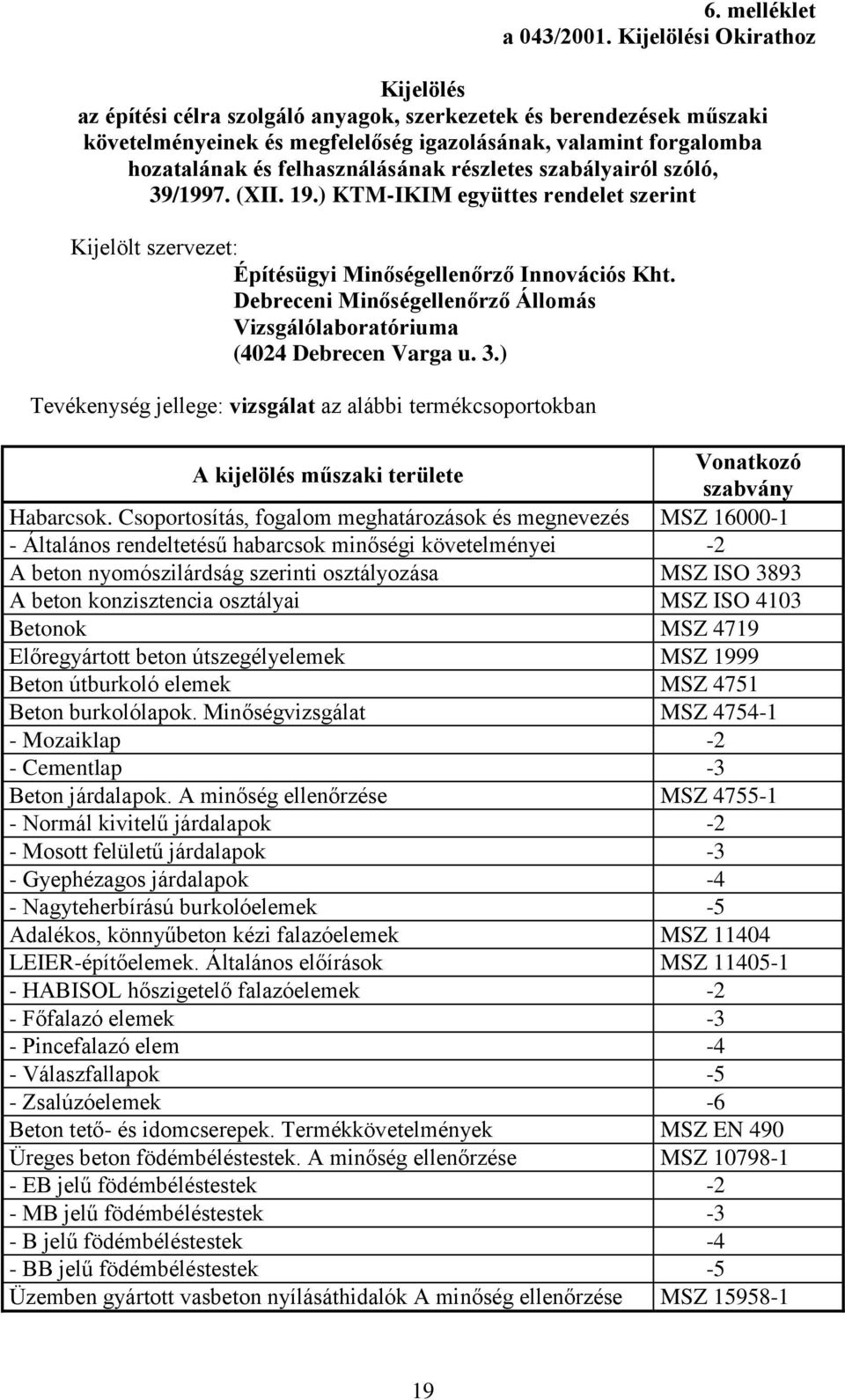 felhasználásának részletes szabályairól szóló, 39/1997. (XII. 19.) KTM-IKIM együttes rendelet szerint Kijelölt szervezet: Építésügyi Minőségellenőrző Innovációs Kht.