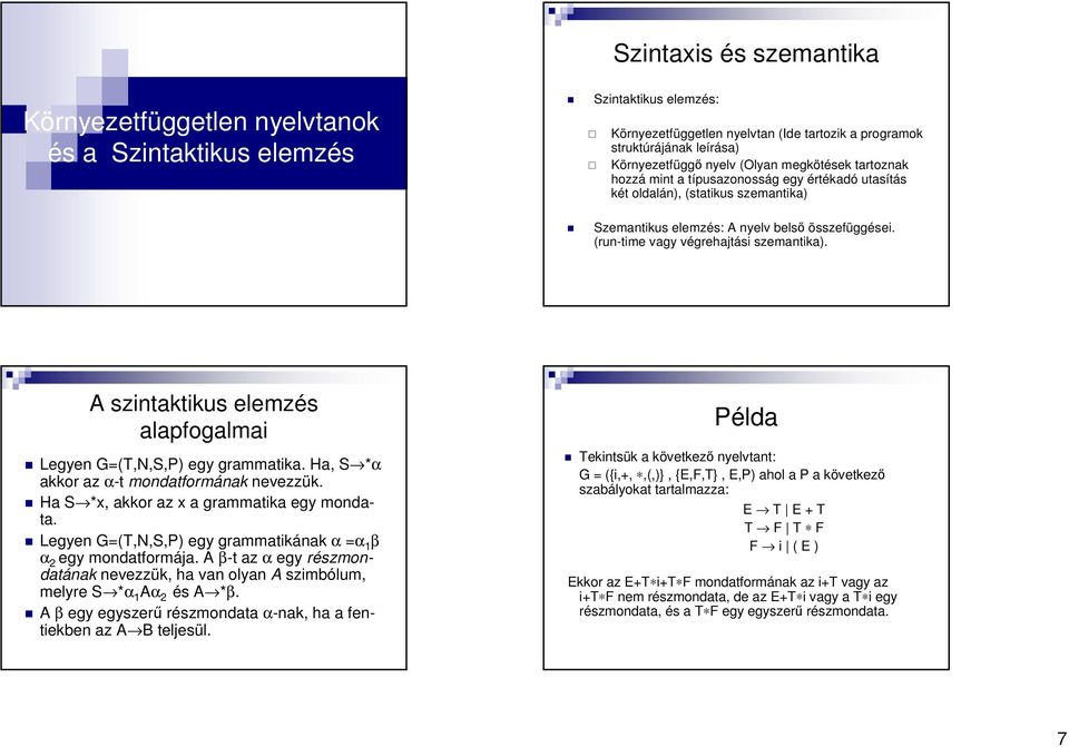 (run-time vagy végrehajtási szemantika). A szintaktikus elemzés alapfogalmai Legyen G=(T,N,S,P) egy grammatika. Ha, S *α akkor az α-t mondatformának nevezzük.