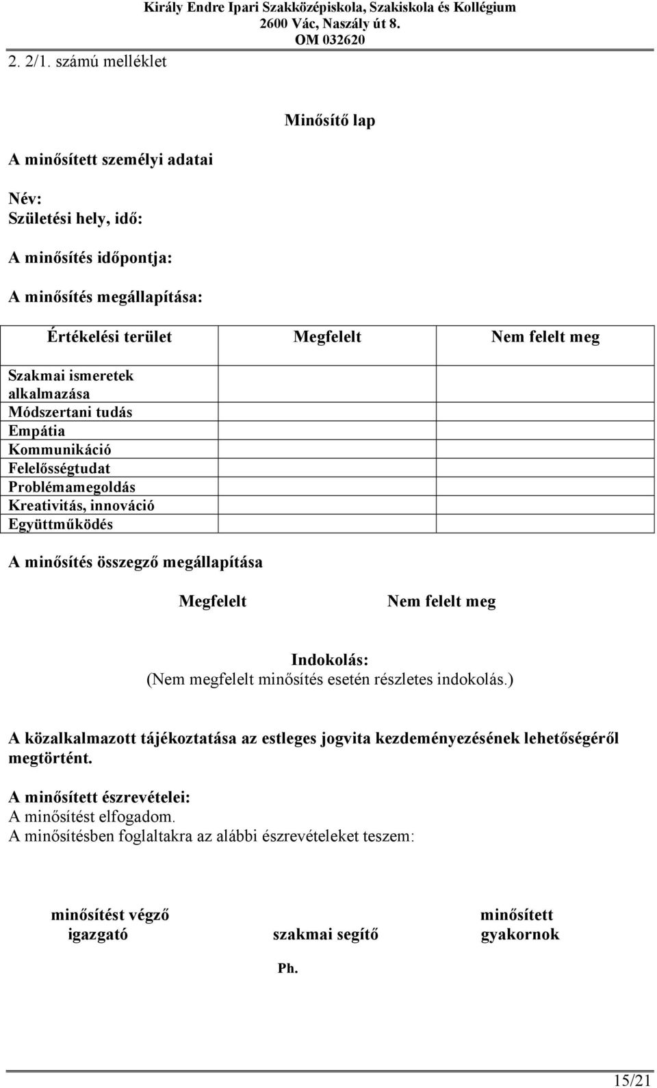 Szakmai ismeretek alkalmazása Módszertani tudás Empátia Kommunikáció Felelősségtudat Problémamegoldás Kreativitás, innováció Együttműködés A minősítés összegző megállapítása