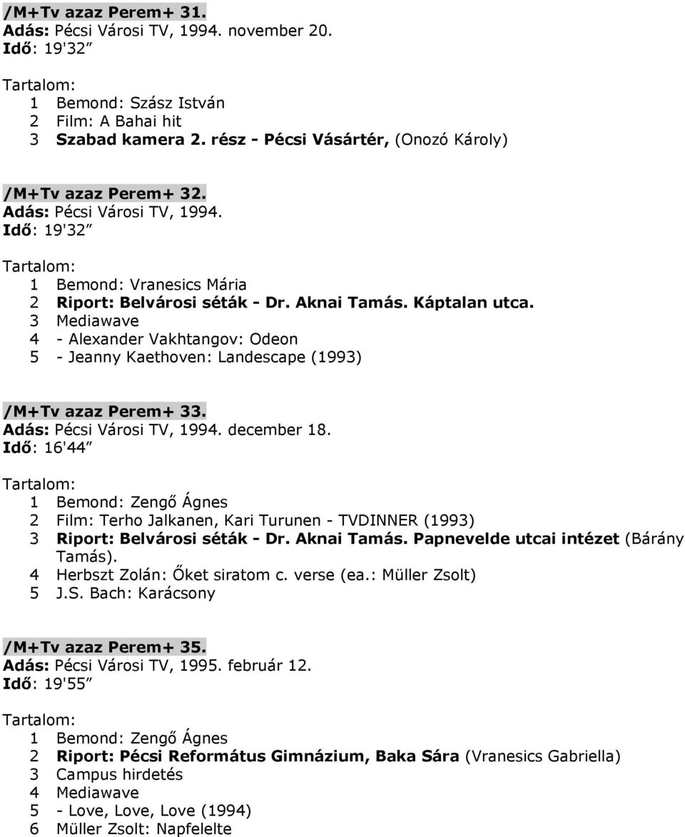 3 Mediawave 4 - Alexander Vakhtangov: Odeon 5 - Jeanny Kaethoven: Landescape (1993) /M+Tv azaz Perem+ 33. Adás: Pécsi Városi TV, 1994. december 18.
