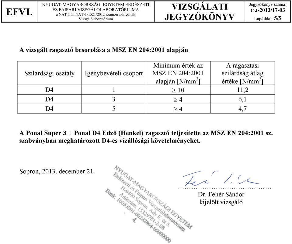 3 4 6,1 D4 5 4 4,7 A Ponal Super 3 + Ponal D4 Edző (Henkel) ragasztó teljesítette az MSZ EN 204:2001 sz.