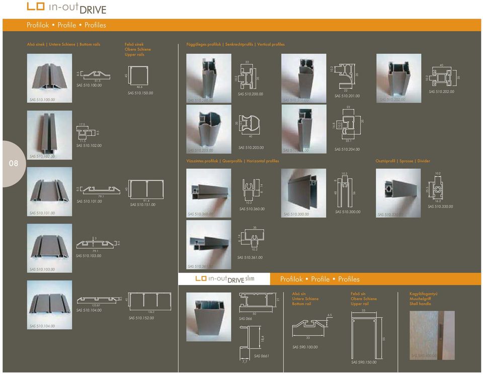 5 SAS 510.102.00 SAS 510.203.00 SAS 510.203.00 SAS 510.204.00 23.1 SAS 510.204.00 08 SAS 510.102.00 Vízszintes profilok Querprofils Horizontal profiles Osztóprofil Sprosse Divider 10.2 10.2 SAS 510.