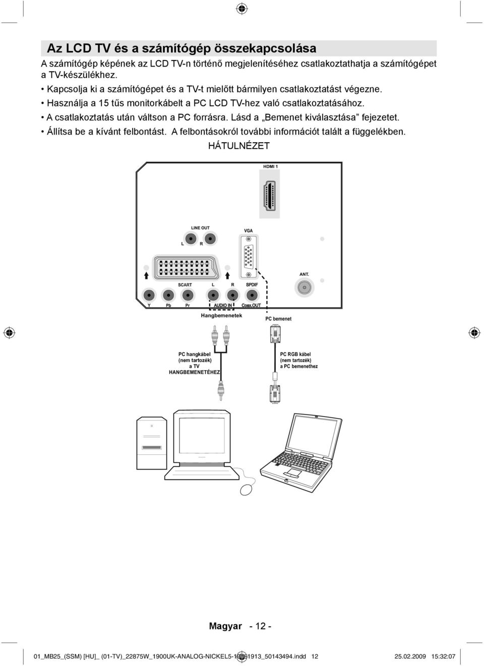 Használja a 15 tűs monitorkábelt a PC LCD TV-hez való csatlakoztatásához. A csatlakoztatás után váltson a PC forrásra.