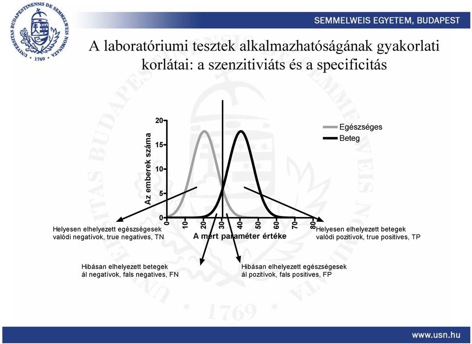 30 40 50 60 70 A mért paraméter értéke 80 Helyesen elhelyezett betegek valódi pozitívok, true positives, TP