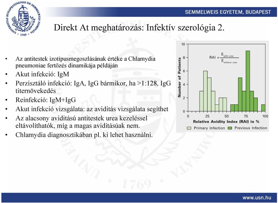 Perzisztáló infekció: IgA, IgG bármikor, ha >1:128, IgG titernövekedés Reinfekció: IgM+IgG Akut infekció
