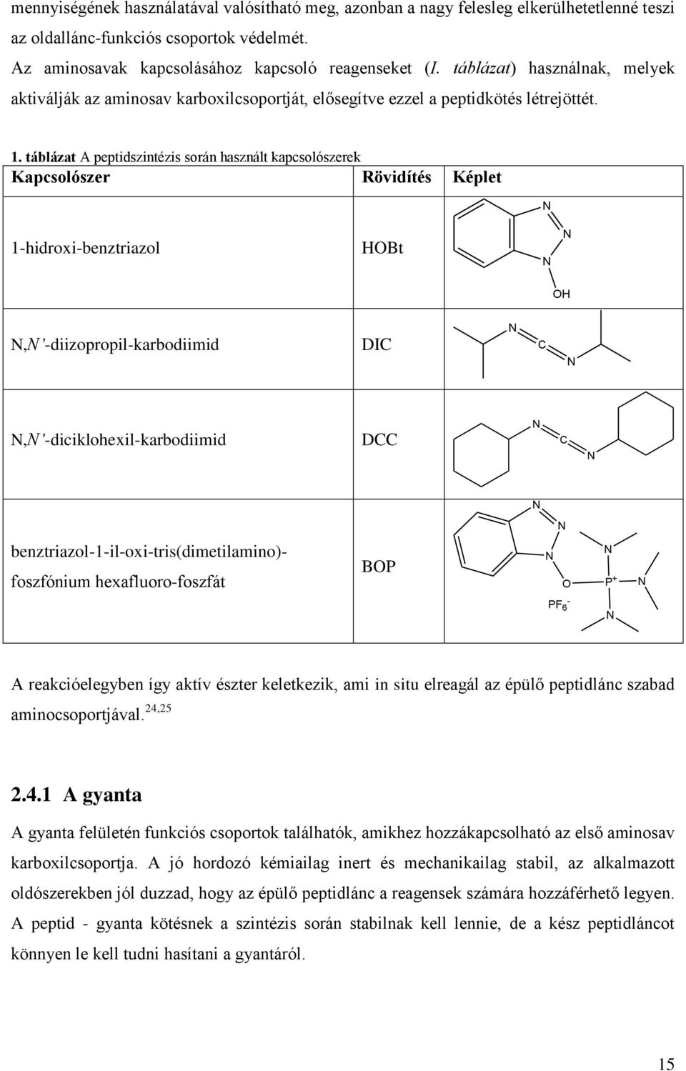 táblázat A peptidszintézis során használt kapcsolószerek Kapcsolószer Rövidítés Képlet N 1-hidroxi-benztriazol HBt N N H N,N -diizopropil-karbodiimid DIC N C N N,N -diciklohexil-karbodiimid DCC N C N