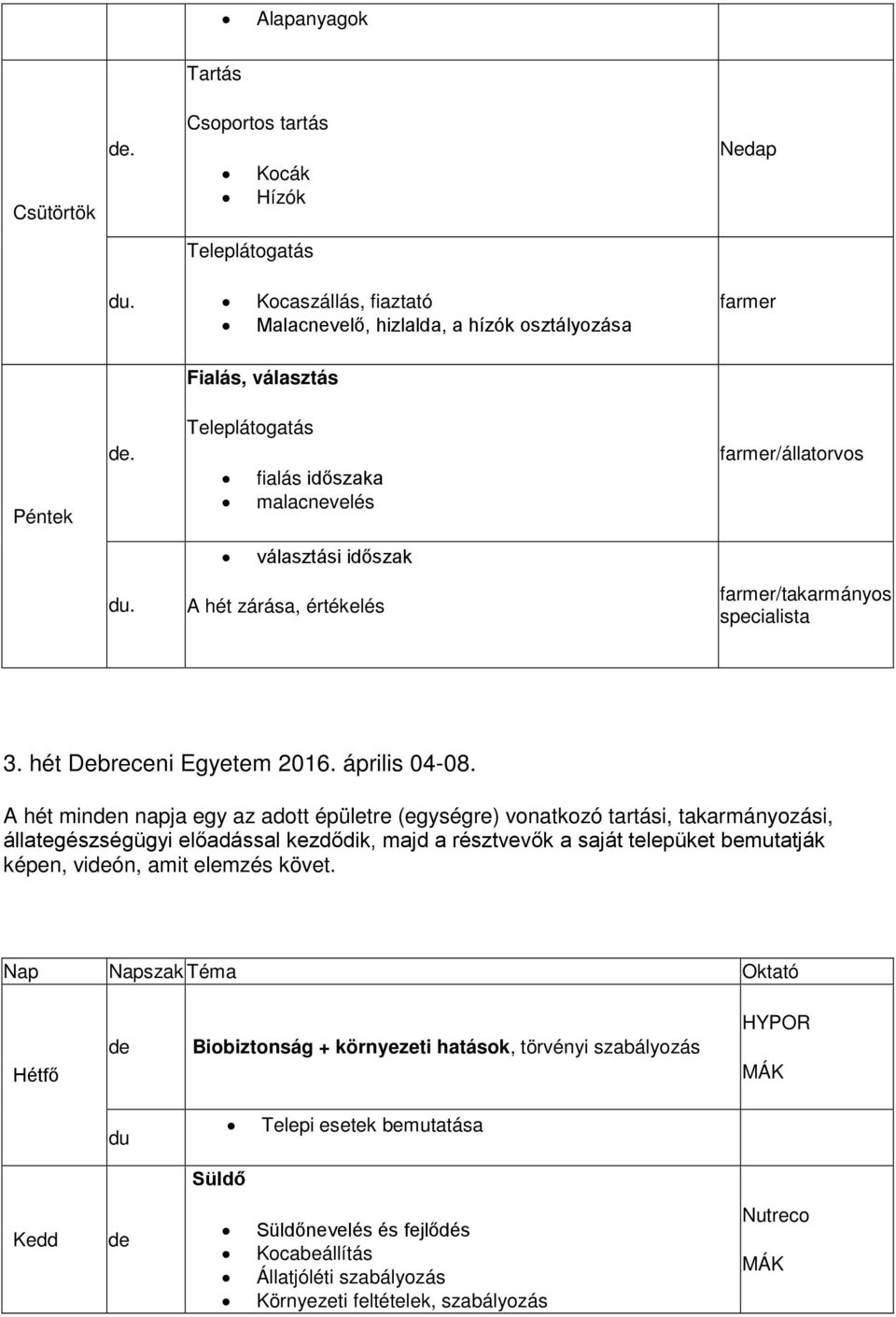 A hét minn napja egy az adott épületre (egységre) vonatkozó tartási, takarmányozási, állategészségügyi előadással kezdődik, majd a résztvevők a saját telepüket bemutatják