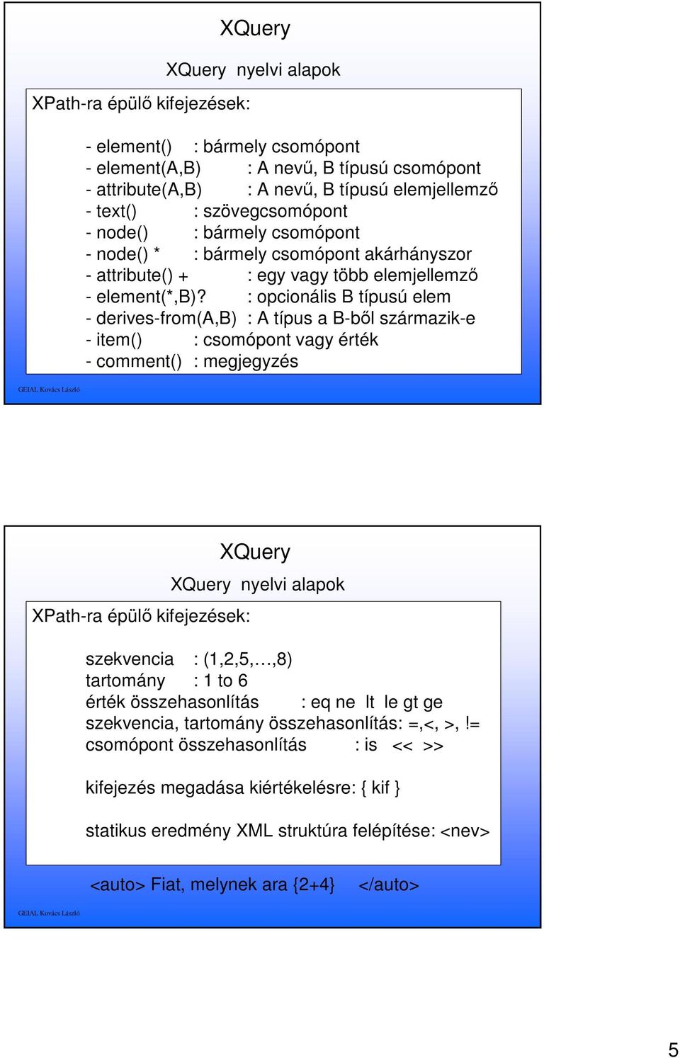 : opcionális B típusú elem - derives-from(a,b) : A típus a B-ből származik-e - item() : csomópont vagy érték - comment() : megjegyzés XPath-ra épülő kifejezések: nyelvi alapok szekvencia : (1,2,5,,8)