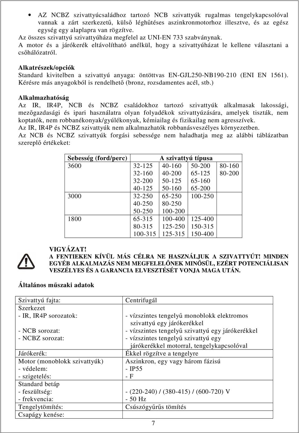 Alkatrészek/opciók Standard kivitelben a szivattyú anyaga: öntöttvas EN-GJL250-NB190-210 (ENI EN 1561). Kérésre más anyagokból is rendelhető (bronz, rozsdamentes acél, stb.