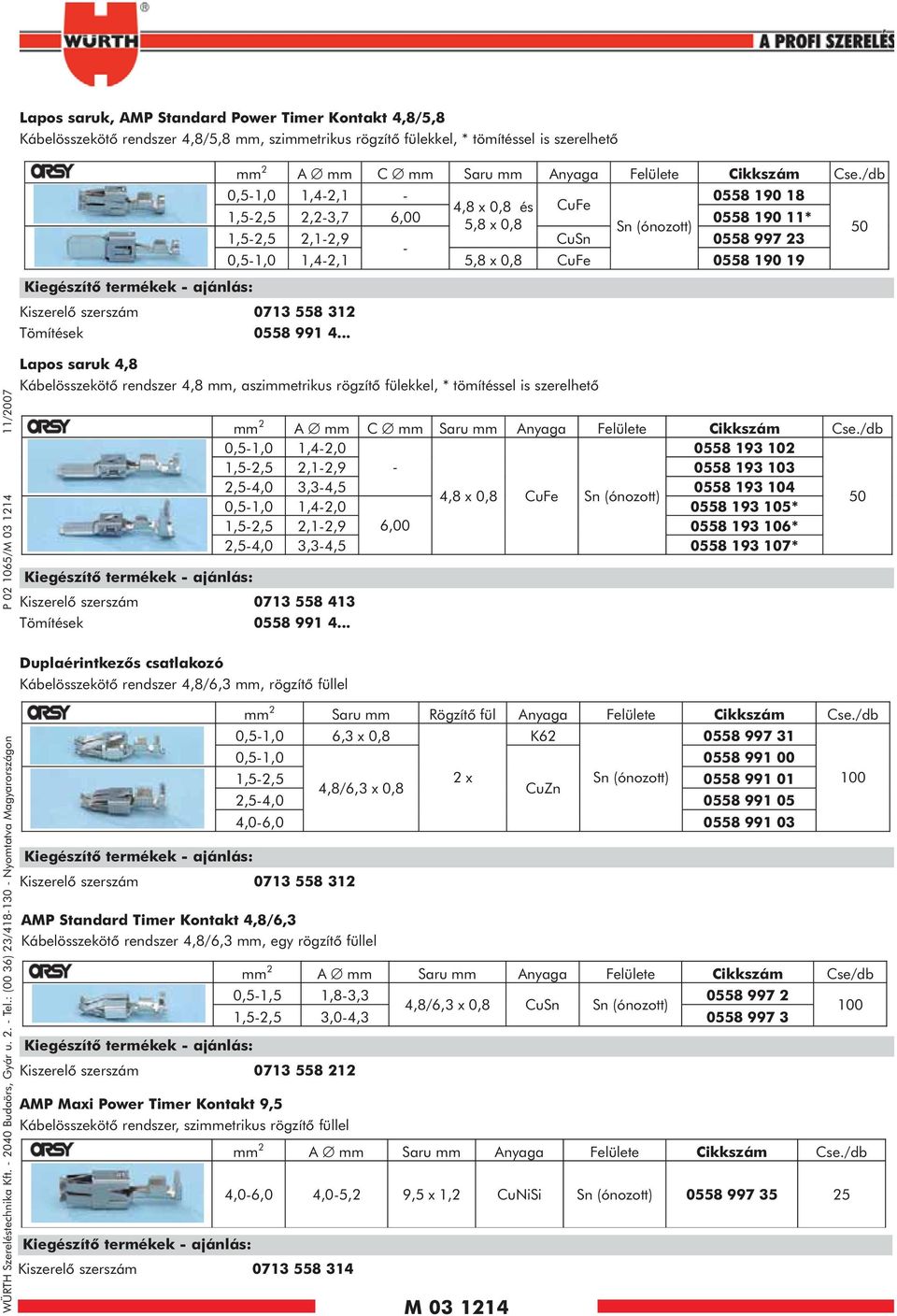 .. 2 A C Saru Anyaga Felülete 0,5-1,0 1,4-2,1-0558 190 18 4,8 x 0,8 és CuFe 1,5-2,5 2,2-3,7 6,00 5,8 x 0,8 0558 190 11* Sn (ónozott) 1,5-2,5 2,1-2,9 CuSn 0558 997 23-0,5-1,0 1,4-2,1 5,8 x 0,8 CuFe