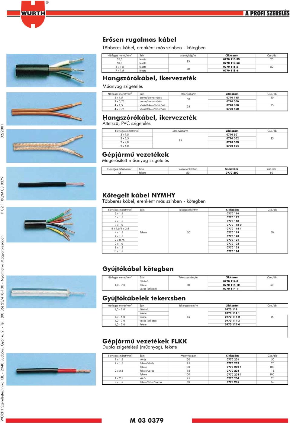 Mennyiség/m 0770 115 0770 300 0770 3 0770 400 Hangszórókábel, ikervezeték Áttetszõ, PVC szigetelés WÜRTH Szereléstechnika Kft. - 2040 Budaörs, Gyár u. 2. - Tel.