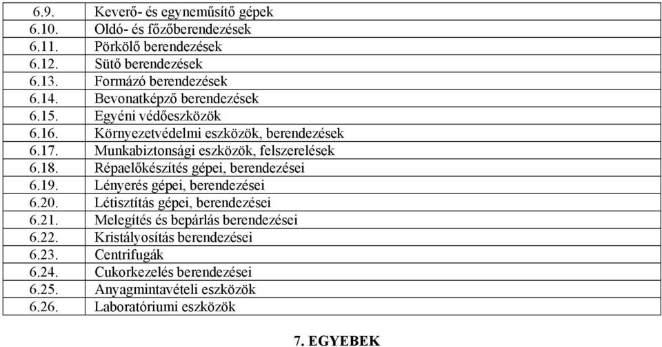 Répaelőkészítés gépei, berendezései 6.19. Lényerés gépei, berendezései 6.20. Létisztítás gépei, berendezései 6.21. Melegítés és bepárlás berendezései 6.