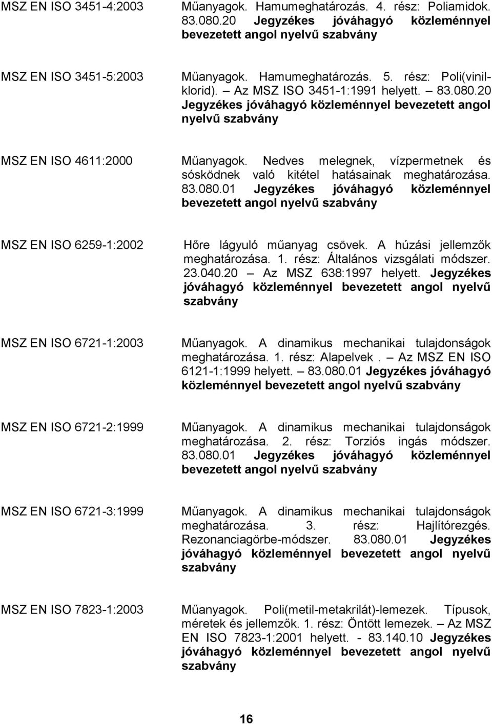 A húzási jellemzők meghatározása. 1. rész: Általános vizsgálati módszer. 23.040.20 Az MSZ 638:1997 helyett. Jegyzékes MSZ EN ISO 6721-1:2003 Műanyagok.