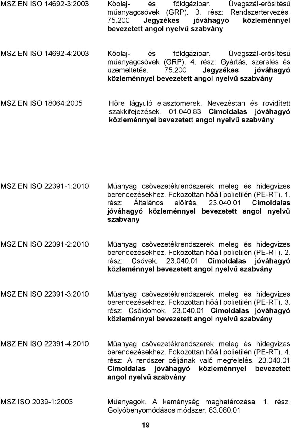 200 Jegyzékes jóváhagyó MSZ EN ISO 18064:2005 Hőre lágyuló elasztomerek. Nevezéstan és rövidített szakkifejezések. 01.040.
