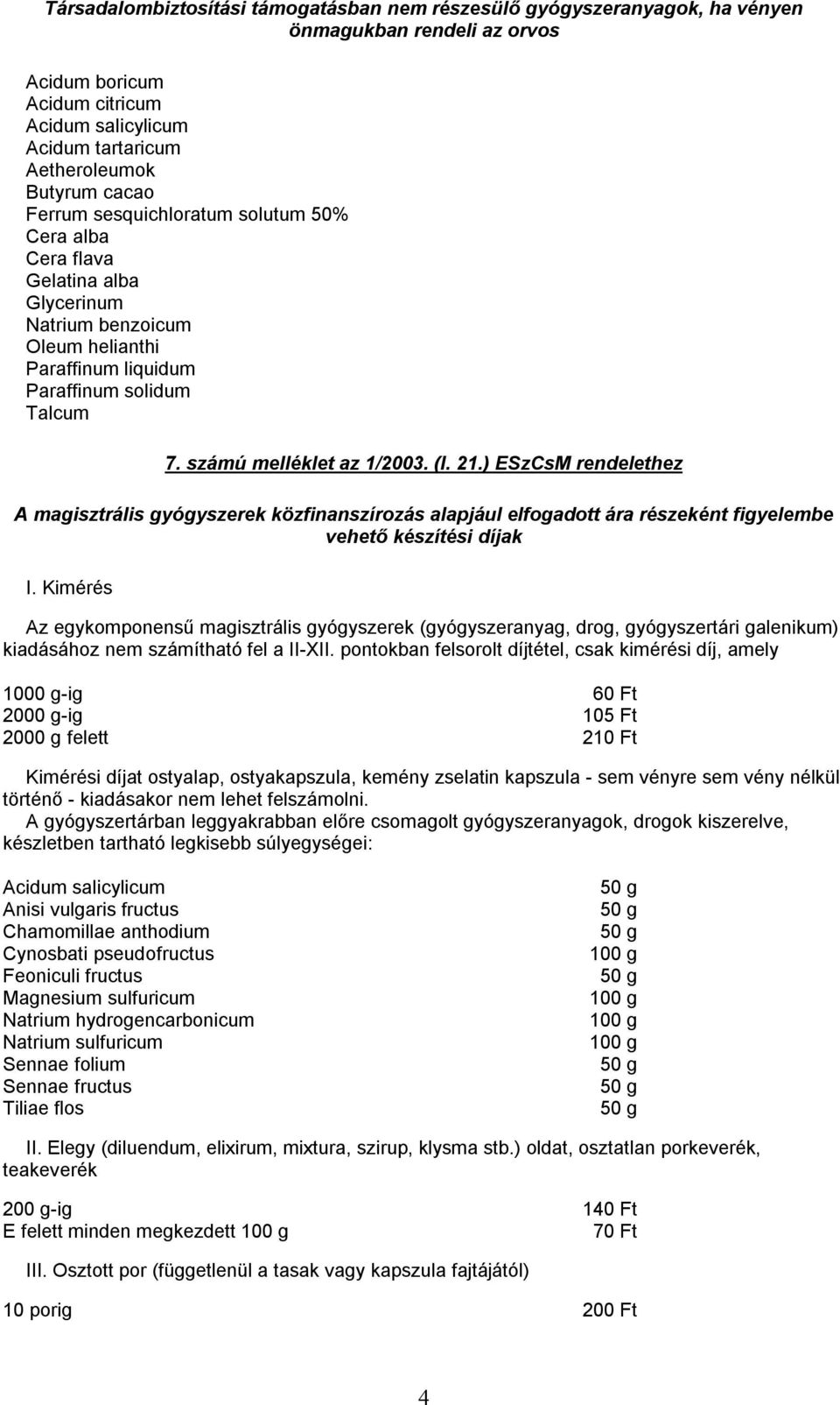 21.) ESzCsM rendelethez A magisztrális gyógyszerek közfinanszírozás alapjául elfogadott ára részeként figyelembe vehető készítési díjak I.