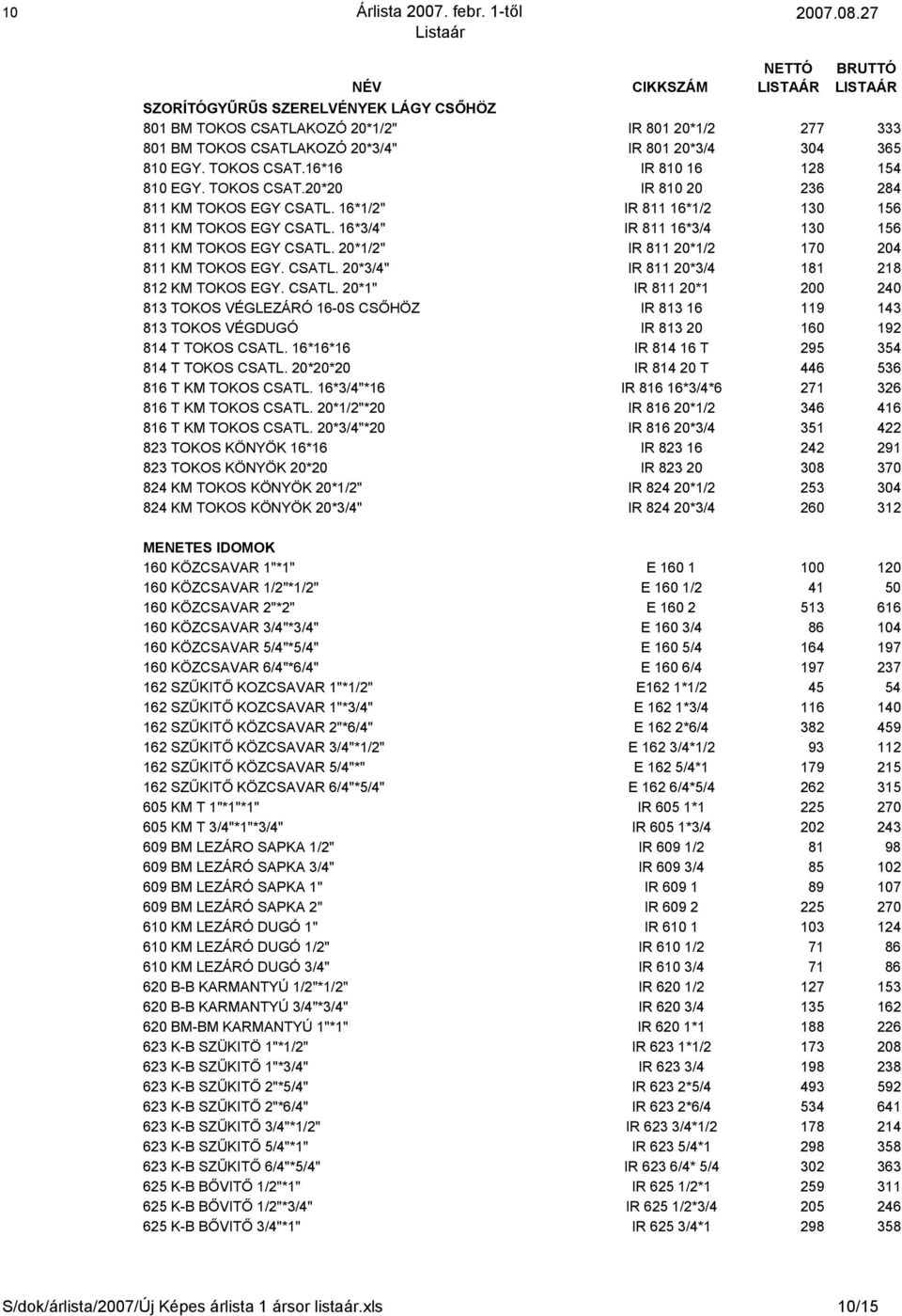 20*1/2" IR 811 20*1/2 170 204 811 KM TOKOS EGY. CSATL. 20*3/4" IR 811 20*3/4 181 218 812 KM TOKOS EGY. CSATL. 20*1" IR 811 20*1 200 240 813 TOKOS VÉGLEZÁRÓ 16-0S CSŐHÖZ IR 813 16 119 143 813 TOKOS VÉGDUGÓ IR 813 20 160 192 814 T TOKOS CSATL.