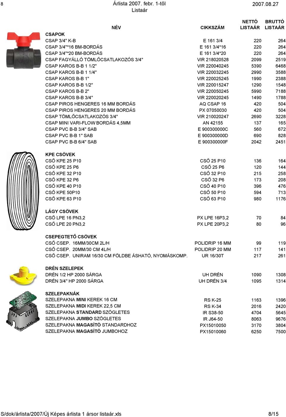 KAROS B-B 1 1/2" VIR 220040245 5390 6468 CSAP KAROS B-B 1 1/4" VIR 220032245 2990 3588 CSAP KAROS B-B 1" VIR 220025245 1990 2388 CSAP KAROS B-B 1/2" VIR 220015247 1290 1548 CSAP KAROS B-B 2" VIR