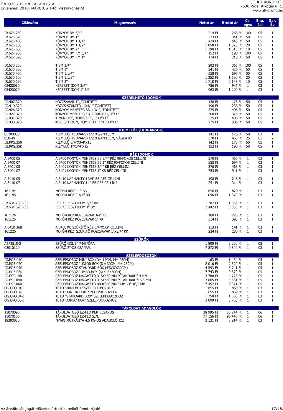 630.320 T BM 1" 341 Ft 426 Ft 50 05 1 IR.630.400 T BM 1.1/4" 558 Ft 698 Ft 50 05 1 IR.630.500 T BM 1.1/2" 1 352 Ft 1 690 Ft 20 05 1 IR.630.630 T BM 2" 1 718 Ft 2 148 Ft 10 05 1 05420010 KERESZT IDOM 3/4" 756 Ft 945 Ft 1 03 1 05420020 KERESZT IDOM 1" BM 963 Ft 1 204 Ft 1 03 1 SZERELHETİ IDOMOK IG.