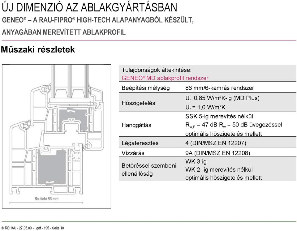 üvegezéssel optimális hőszigetelés mellett Légáteresztés 4 (DIN/MSZ EN 12207) Vízzárás 9A (DIN/MSZ EN 12208) WK 3-ig WK