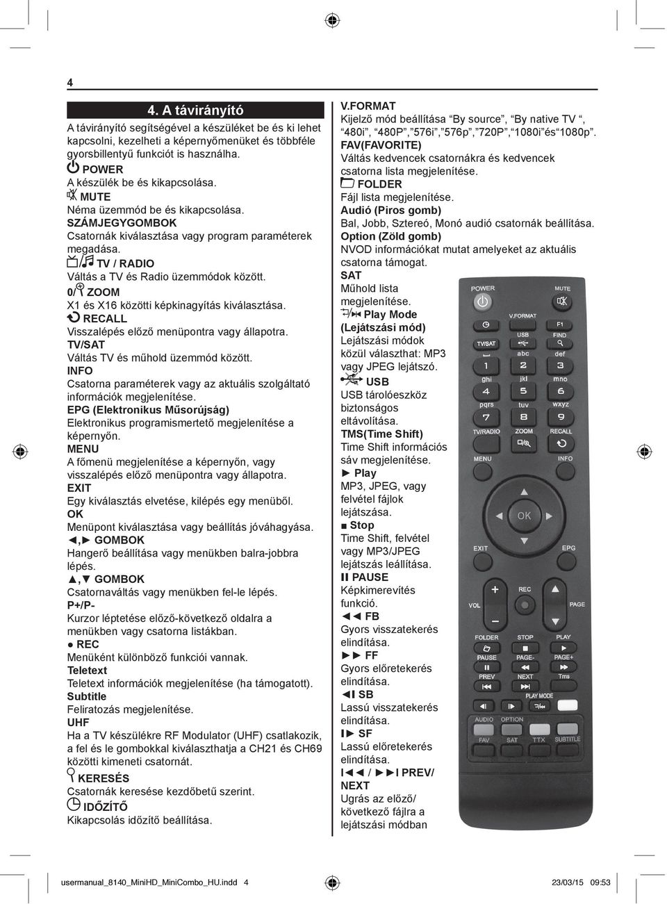 0/ ZOOM X1 és X16 közötti képkinagyítás kiválasztása. RECALL Visszalépés előző menüpontra vagy állapotra. TV/SAT Váltás TV és műhold üzemmód között.