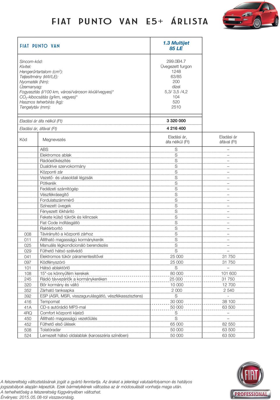 7 Üvegezett furgon 1248 63/85 200 dízel 5,3/ 3,5 /4,2 104 520 2510 Eladási ár áfa nélkül (Ft) 3 320 000 Eladási ár, áfával (Ft) 4 216 400 Kód Megnevezés Eladási ár, áfa nélkül (Ft) Eladási ár áfával