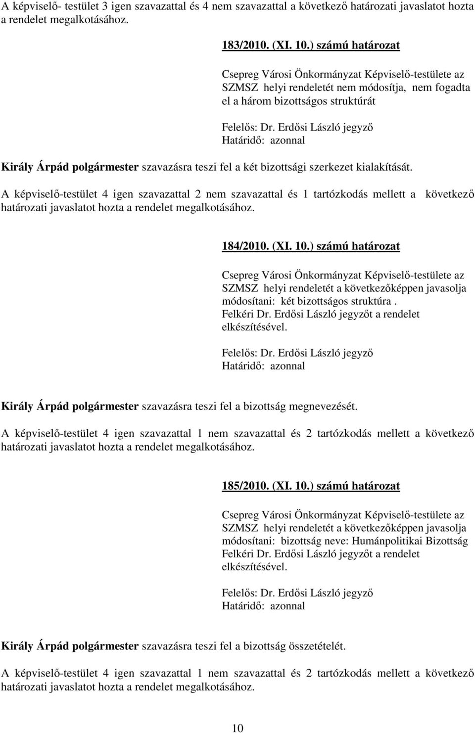 Erdısi László jegyzı Határidı: azonnal Király Árpád polgármester szavazásra teszi fel a két bizottsági szerkezet kialakítását.