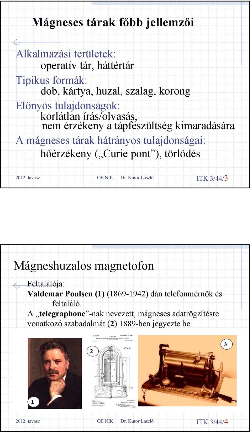 hőérzékeny ( Curie pont ), törlődés ITK 3/44/3 Mágneshuzalos magnetofon Feltalálója: Valdemar Poulsen (1) (1869-1942) dán