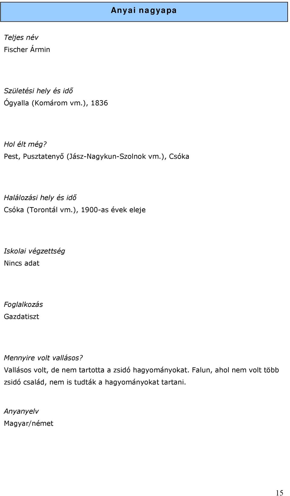 ), 1900-as évek eleje Iskolai végzettség Foglalkozás Gazdatiszt Mennyire volt vallásos?