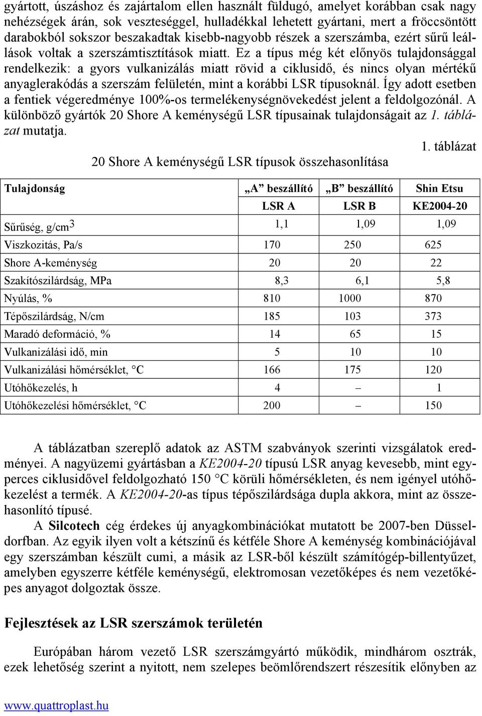 Ez a típus még két előnyös tulajdonsággal rendelkezik: a gyors vulkanizálás miatt rövid a ciklusidő, és nincs olyan mértékű anyaglerakódás a szerszám felületén, mint a korábbi LSR típusoknál.