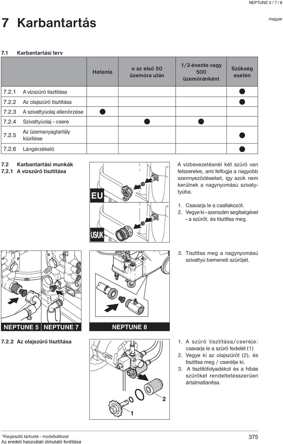 1. Csavarja le a csatlakozót. 2. Vegye ki - szerszám segítségével - a szűrőt, és tisztítsa meg. 3. Tisztítsa meg a nagynyomású szivattyú bemeneti szűrőjét. NEPTUNE 5 NEPTUNE 7 NEPTUNE 8 7.2.2 Az olajszűrő tisztítása 1.