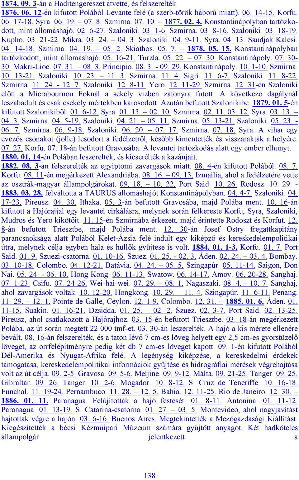 Syra. 04. 13. Sandjak Kalesi. 04. 14-18. Szmirna. 04. 19. 05. 2. Skiathos. 05. 7. 1878. 05. 15. Konstantinápolyban tartózkodott, mint állomáshajó. 05. 16-21. Turzla. 05. 22. 07. 30. Konstantinápoly. 07. 30-30.