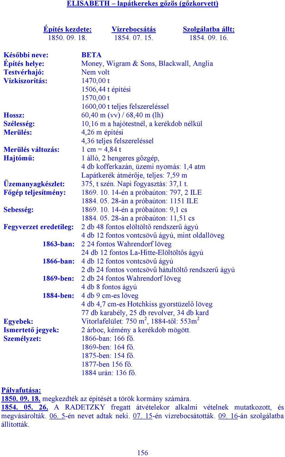 / 68,40 m (lh) Szélesség: 10,16 m a hajótestnél, a kerékdob nélkül Merülés: 4,26 m építési 4,36 teljes felszereléssel Merülés változás: 1 cm = 4,84 t Hajtómű: 1 álló, 2 hengeres gőzgép, 4 db