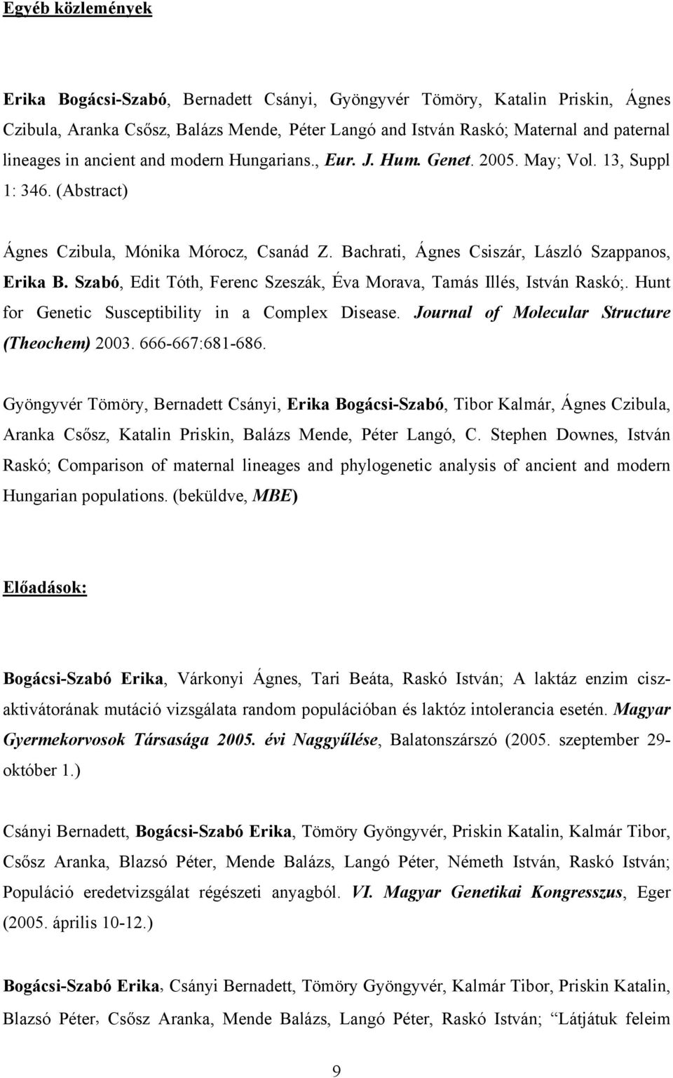 Szabó, Edit Tóth, Ferenc Szeszák, Éva Morava, Tamás Illés, István Raskó;. Hunt for Genetic Susceptibility in a Complex Disease. Journal of Molecular Structure (Theochem) 2003. 666-667:681-686.