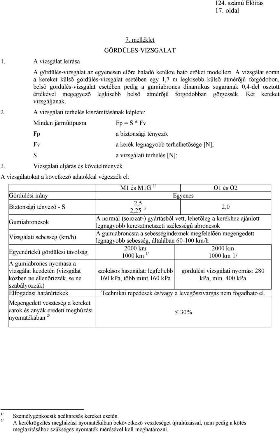 értékével megegyezõ legkisebb belsõ átmérõjû forgódobban görgessék. Két kereket vizsgáljanak. 2. A vizsgálati terhelés kiszámításának képlete: Minden jármûtípusra Fp Fv S 3.