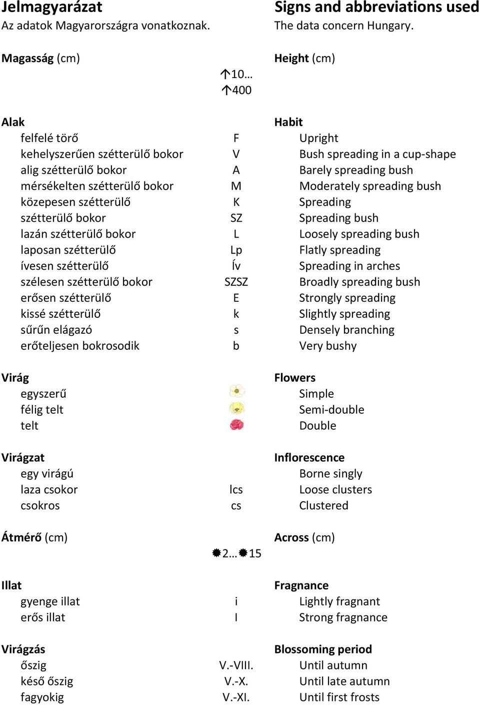 spreading bush közepesen szétterül K Spreading szétterül bokor SZ Spreading bush lazán szétterül bokor L Loosely spreading bush laposan szétterül Lp Flatly spreading ívesen szétterül Ív Spreading in