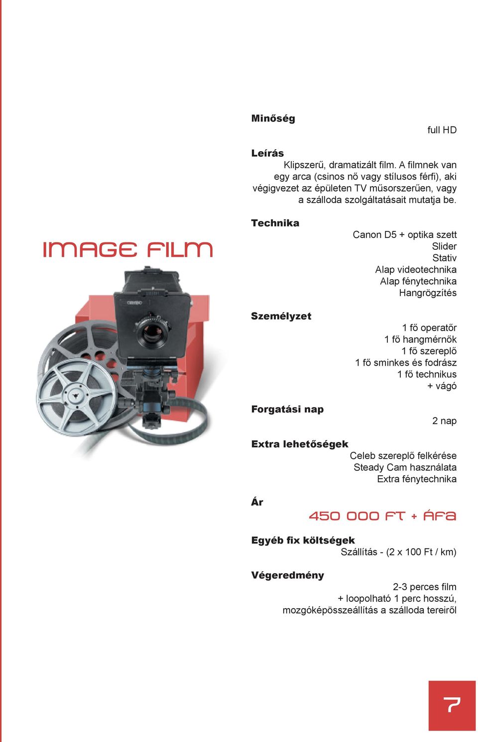 IMAGE FILM Technika Személyzet Forgatási nap Canon D5 + optika szett Slider Stativ Alap videotechnika Alap fénytechnika Hangrögzítés 1 fő operatőr 1 fő hangmérnők 1 fő