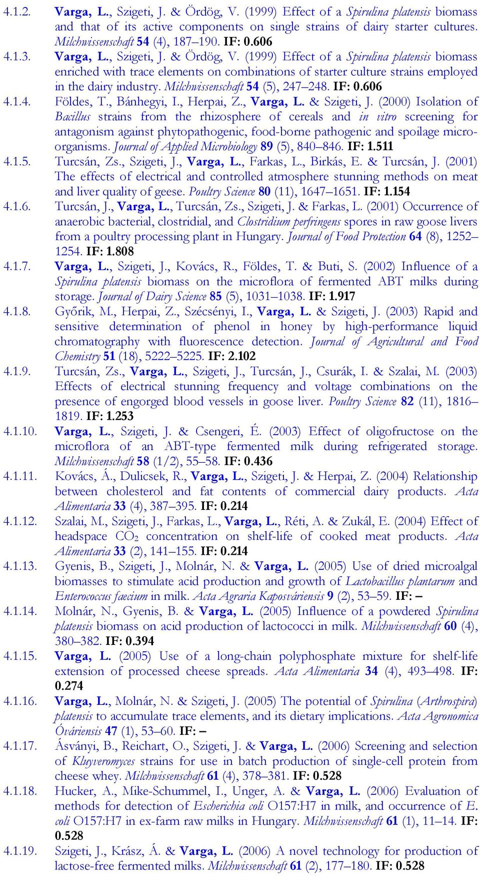 (1999) Effect of a Spirulina platensis biomass enriched with trace elements on combinations of starter culture strains employed in the dairy industry. Milchwissenschaft 54 (5), 247 248. IF: 0.606 4.1.4. Földes, T.