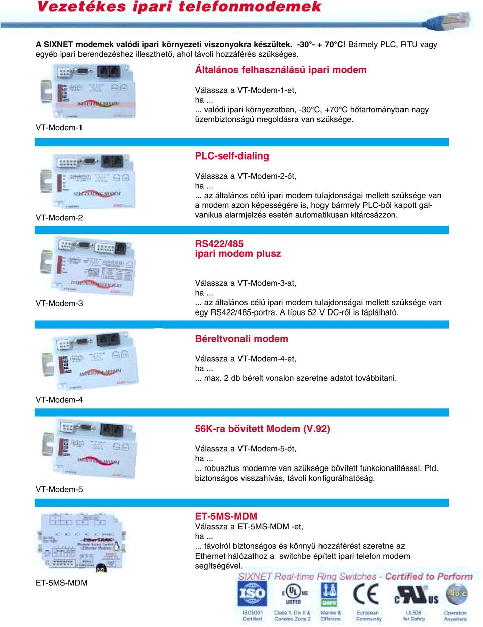 .. valódi ipari környezetben, -30 C, +70 C hôtartományban nagy üzembiztonságú megoldásra van szüksége. PLC-self-dialing VT-Modem-2 Válassza a VT-Modem-2-ôt,.