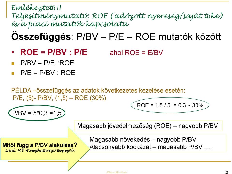 P/BV : P/E ahol ROE = E/BV P/BV = P/E *ROE P/E = P/BV : ROE PÉLDA összefüggés az adatok következetes kezelése esetén: P/E, (5)- P/BV,