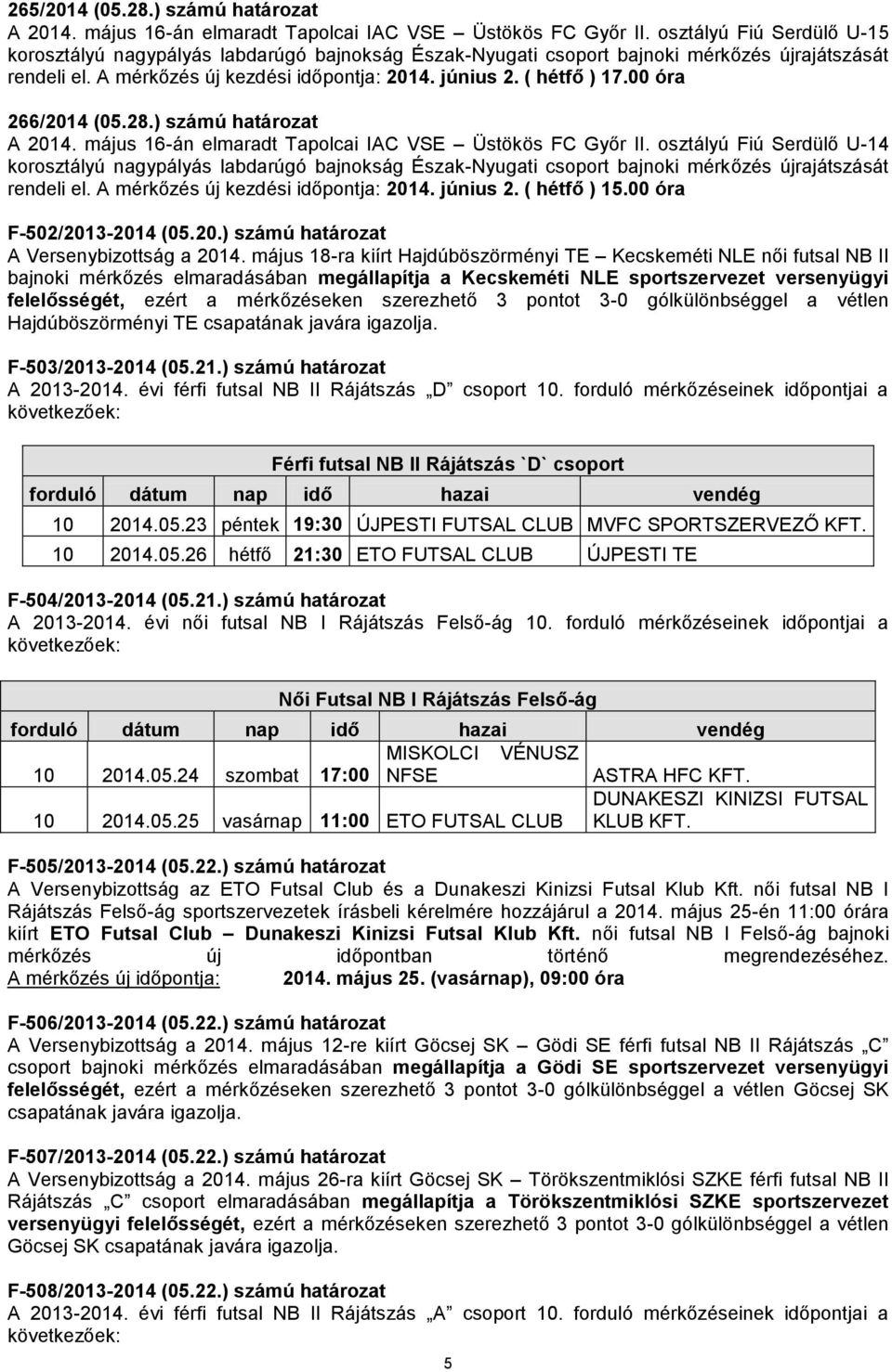 00 óra 266/2014 (05.28.) számú határozat A 2014. május 16-án elmaradt Tapolcai IAC VSE Üstökös FC Győr II.