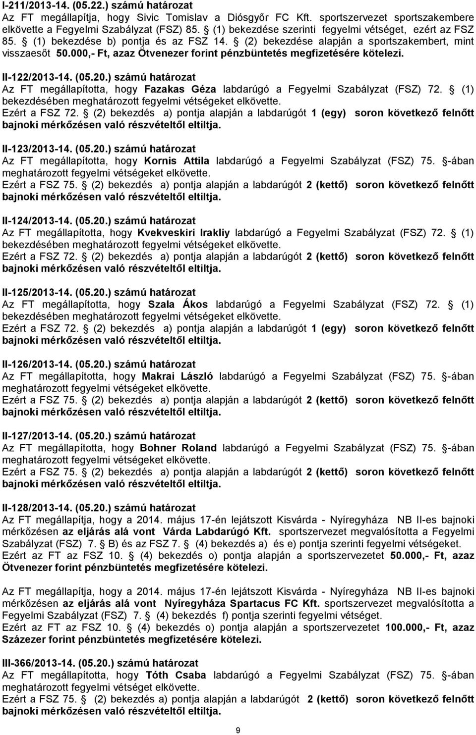 000,- Ft, azaz Ötvenezer forint pénzbüntetés megfizetésére kötelezi. II-122/2013-14. (05.20.) számú határozat Az FT megállapította, hogy Fazakas Géza labdarúgó a Fegyelmi Szabályzat (FSZ) 72.