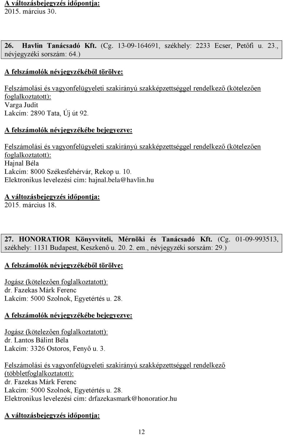 HONORATIOR Könyvviteli, Mérnöki és Tanácsadó Kft. (Cg. 01-09-993513, székhely: 1131 Budapest, Keszkenő u. 20. 2. em., névjegyzéki sorszám: 29.) Jogász (kötelezően foglalkoztatott): dr.