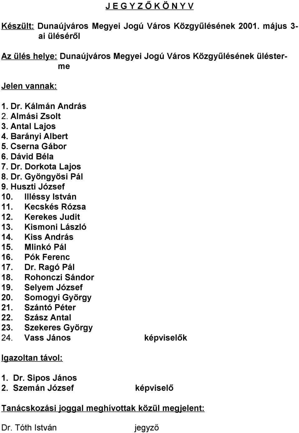 Kecskés Rózsa 12. Kerekes Judit 13. Kismoni László 14. Kiss András 15. Mlinkó Pál 16. Pók Ferenc 17. Dr. Ragó Pál 18. Rohonczi Sándor 19. Selyem József 20. Somogyi György 21.