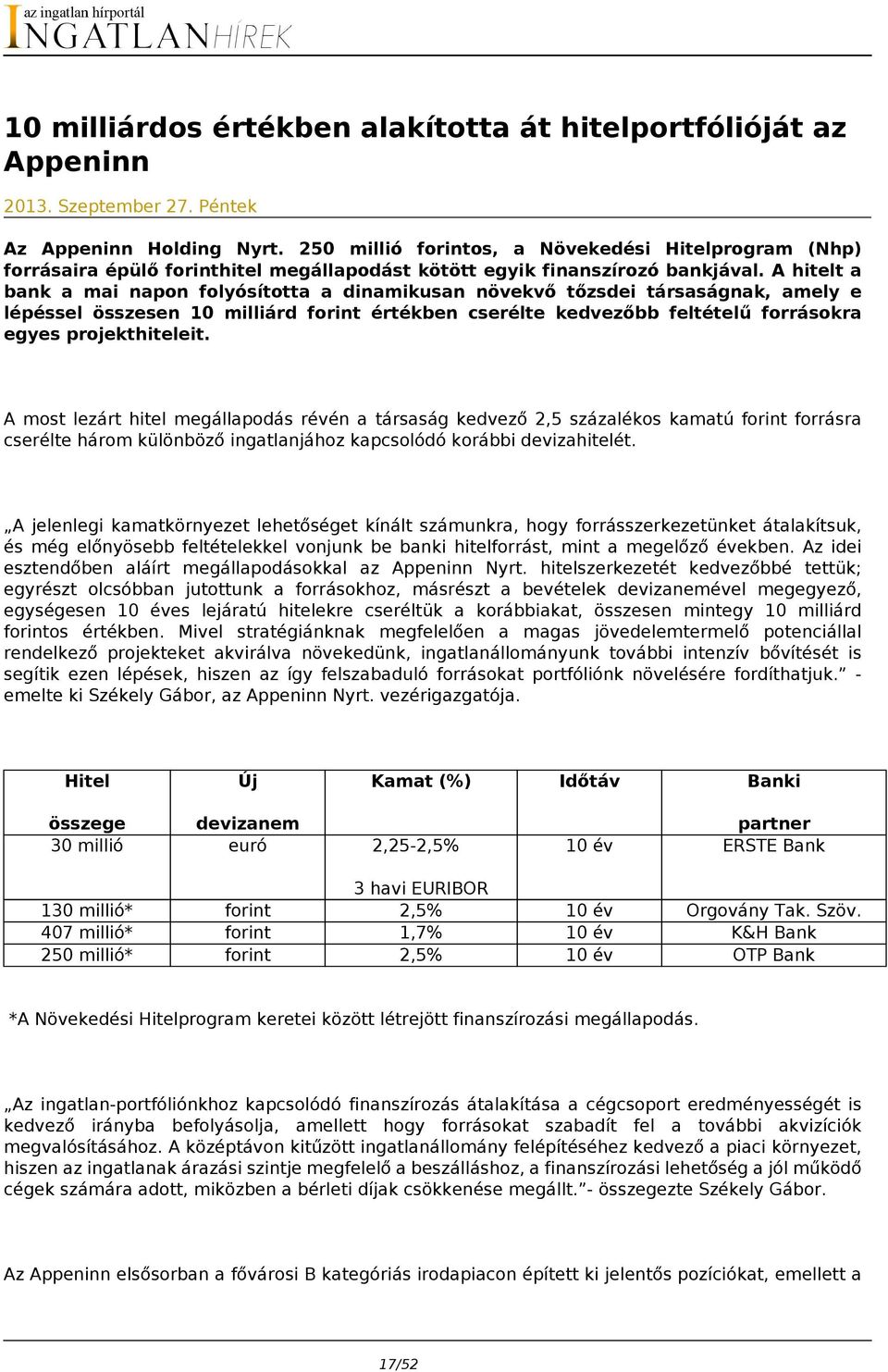 A hitelt a bank a mai napon folyósította a dinamikusan növekvő tőzsdei társaságnak, amely e lépéssel összesen 10 milliárd forint értékben cserélte kedvezőbb feltételű forrásokra egyes projekthiteleit.